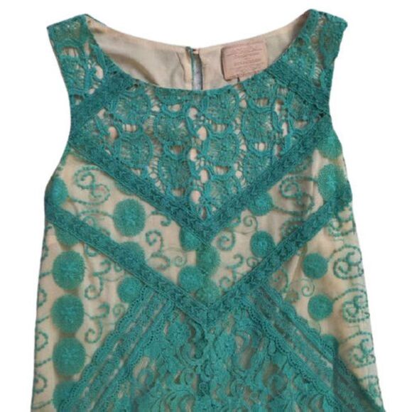 Anthro Champagne and Strawberry Lace Dress Floral Blue Shift Summer Size S - Picture 4 of 9